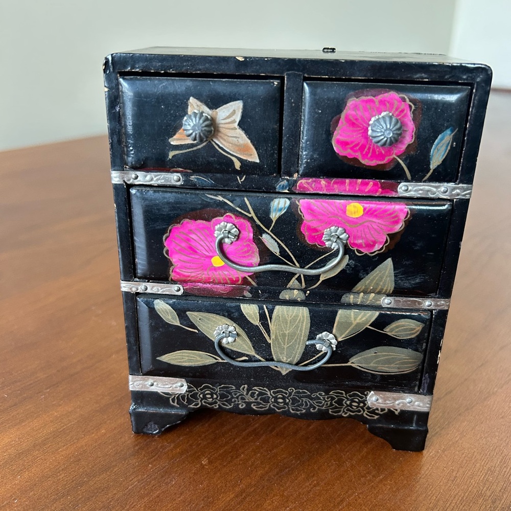 Japanese Black Jewelry Box with Pink Floral Design